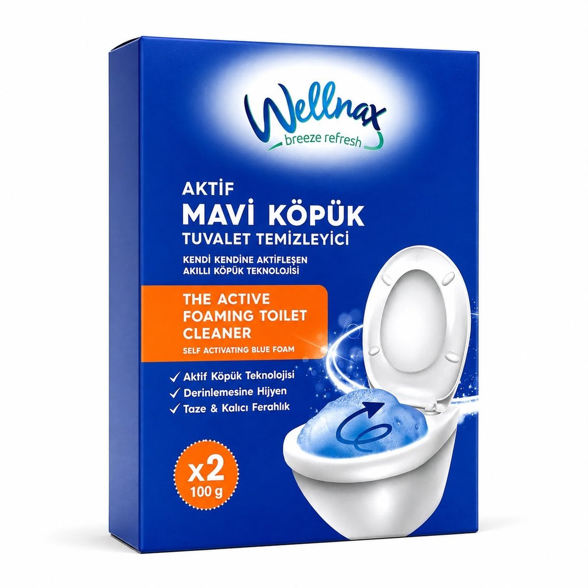 Wellnax Breeze Refresh 3'lü Aktif Mor Pembe Mavi Köpük Tuvalet Temizleyici Kireç Çözücü 6x100 g