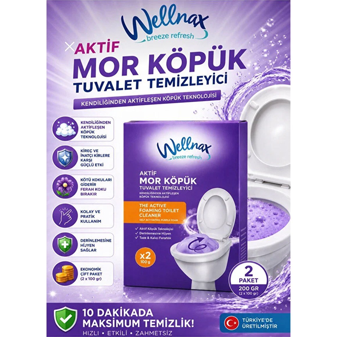 Wellnax Breeze Refresh 3'lü Aktif Mor Pembe Mavi Köpük Tuvalet Temizleyici Kireç Çözücü 6x100 g