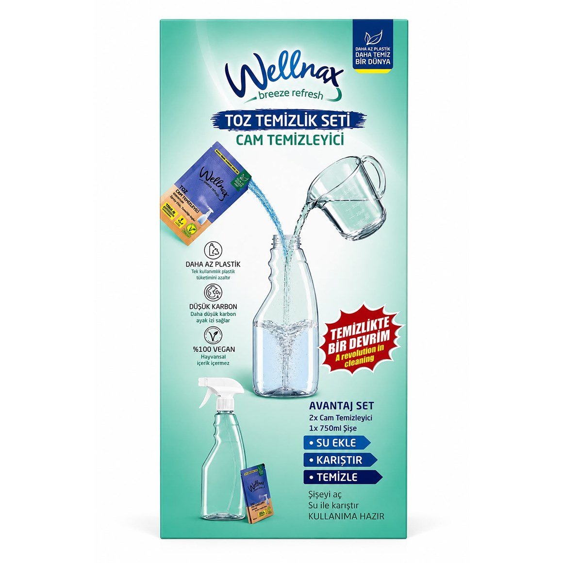 Wellnax Cam Toz Temizleyici Seti 1 Adet Toz Cam Temizleyici + 1 Adet 750 ml Şişe
