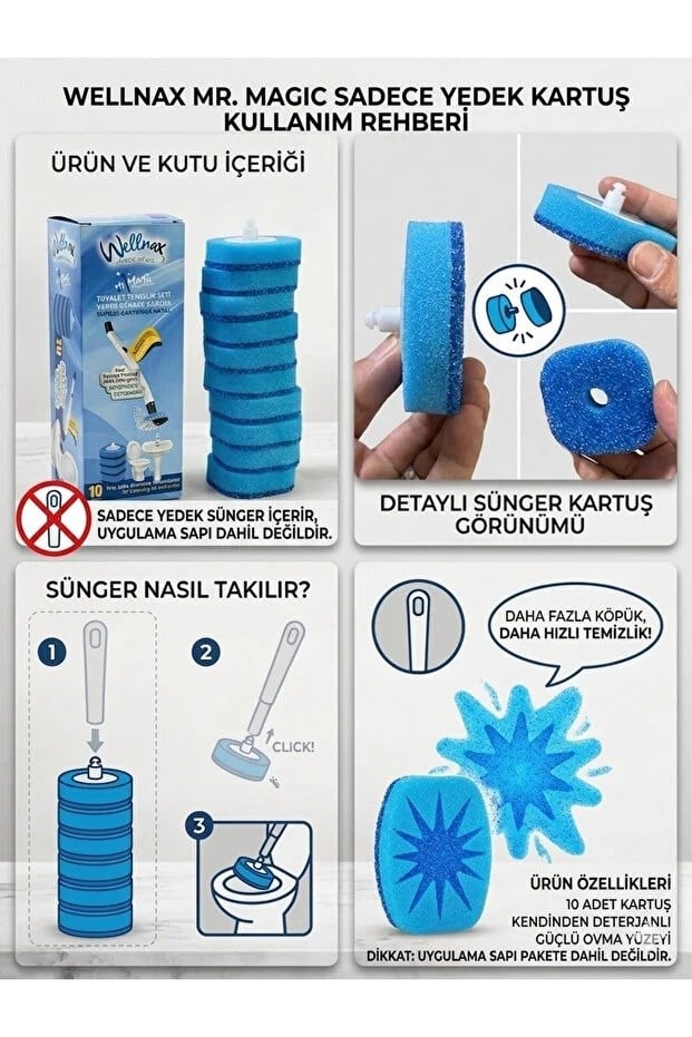 Wellnax Kullan At Yedek 50 adet Sünger Mavi Su Ve Deterjanlı Tuvalet Süngeri