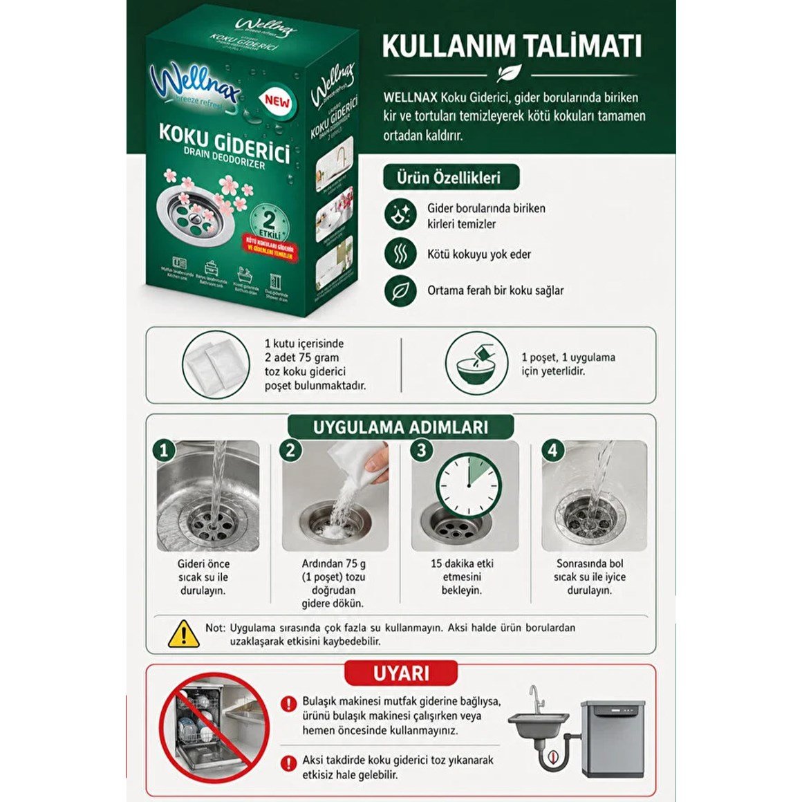 Wellnax Lavabo Koku Giderici Anında Etkili 2x75 g
