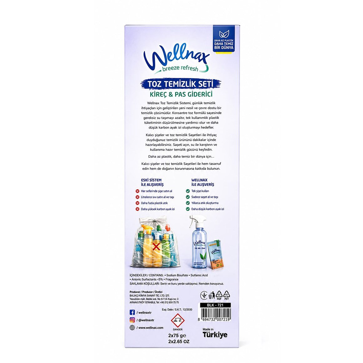 Wellnax Toz Temizlik Seti Kireç & Pas Giderici Şaset 1 Adet + 1000 ml Şişe