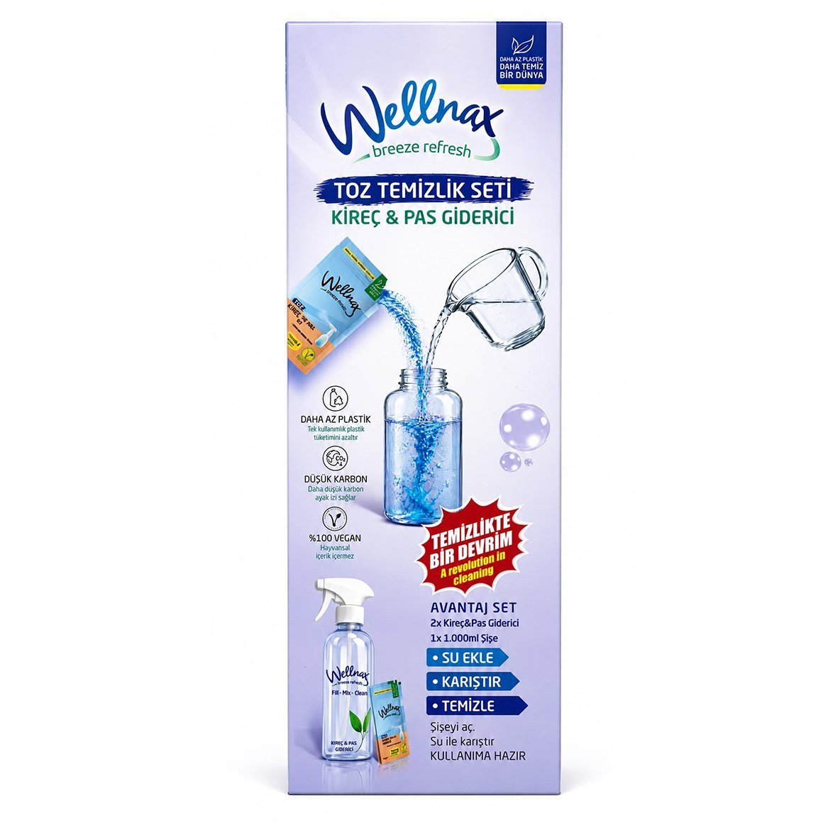 Wellnax Toz Temizlik Seti Kireç & Pas Giderici Şaset 1 Adet + 1000 ml Şişe