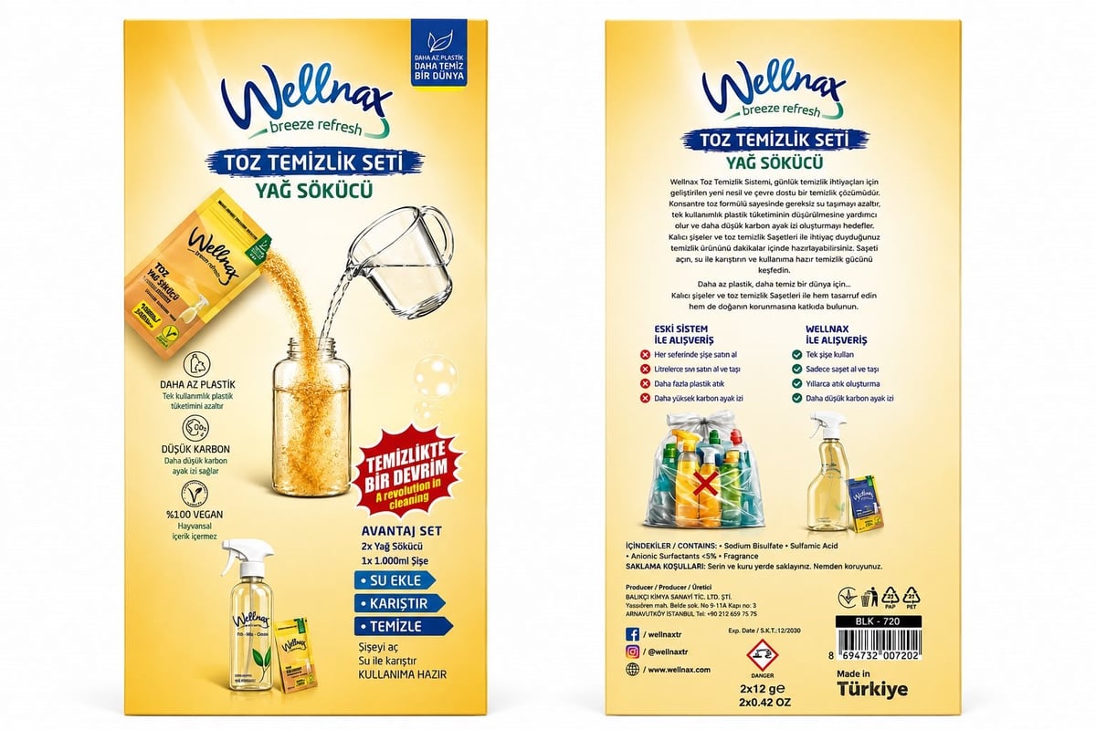 Wellnax Yağ Sökücü Toz Temizlik Seti 1 Ad. toz Yağ Sökücü + 1 Ad. 1000ml Şişe