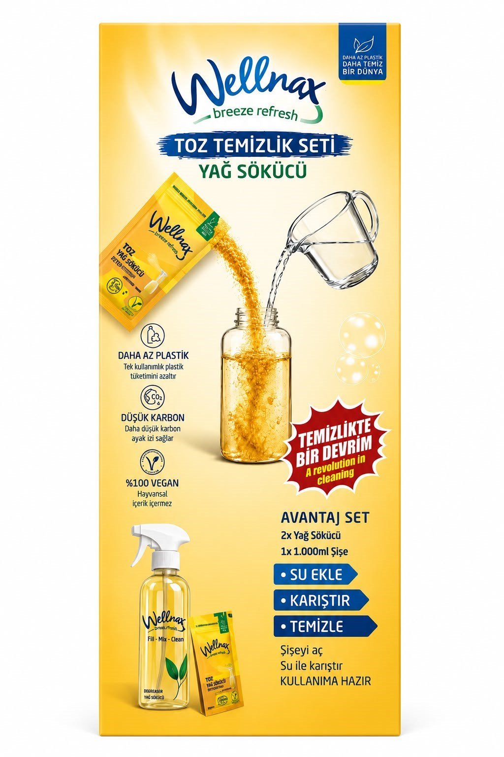 Wellnax Yağ Sökücü Toz Temizlik Seti 1 Ad. toz Yağ Sökücü + 1 Ad. 1000ml Şişe