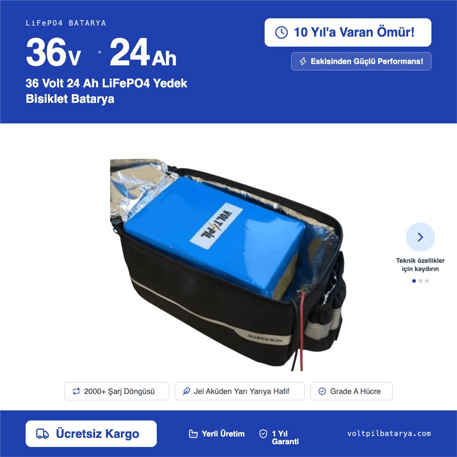 36 Volt 24 Ah LiFePO4 Yedek Bisiklet Batarya