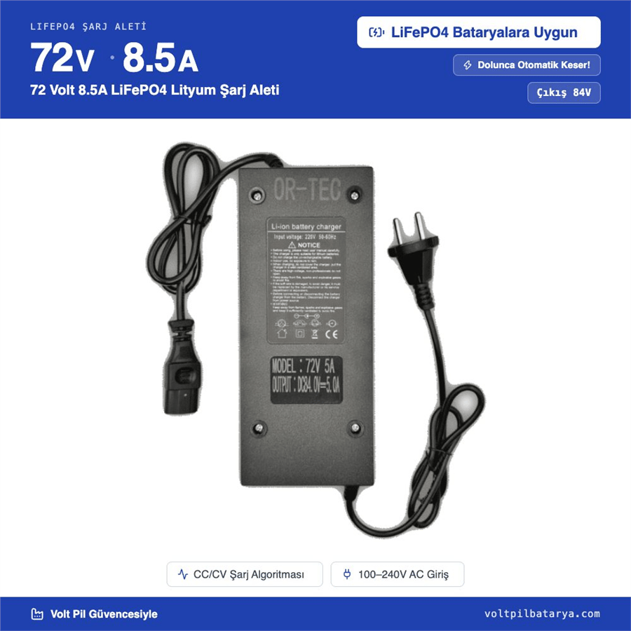 72 Volt 8.5A LiFePO4 Lityum Şarj Aleti