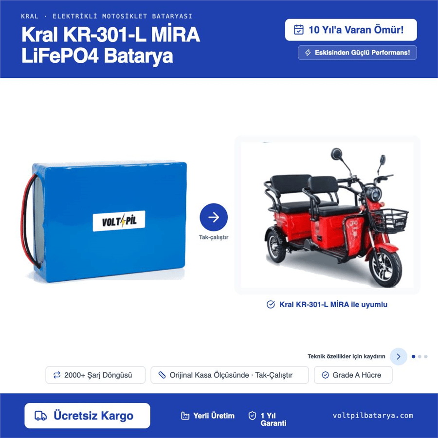 KRAL KR-301-L MİRA Lityum LiFePO4 Batarya