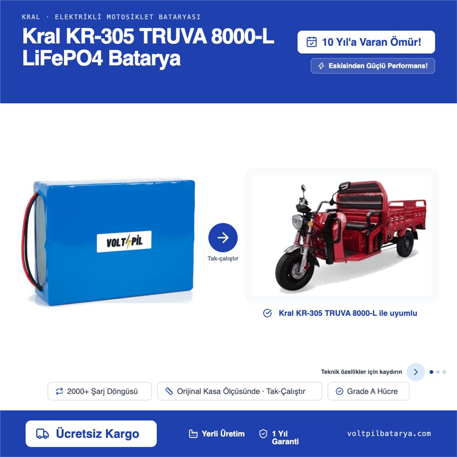 KRAL KR-305 TRUVA 8000-L Lityum Bluetoothlu LiFePO4 Bataya