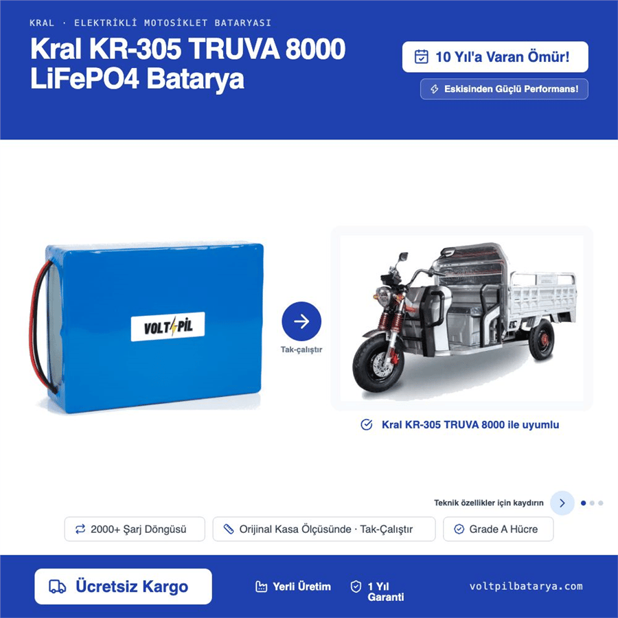 KRAL KR-305 TRUVA 8000 Lityum Bluetoothlu LiFePO4 Bataya