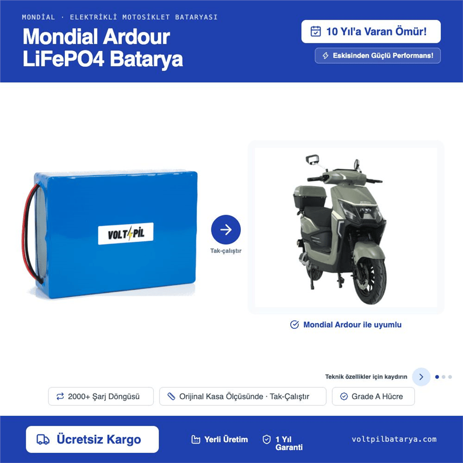 Mondial Ardour Lityum Bluetoothlu LiFePO4 Bataya