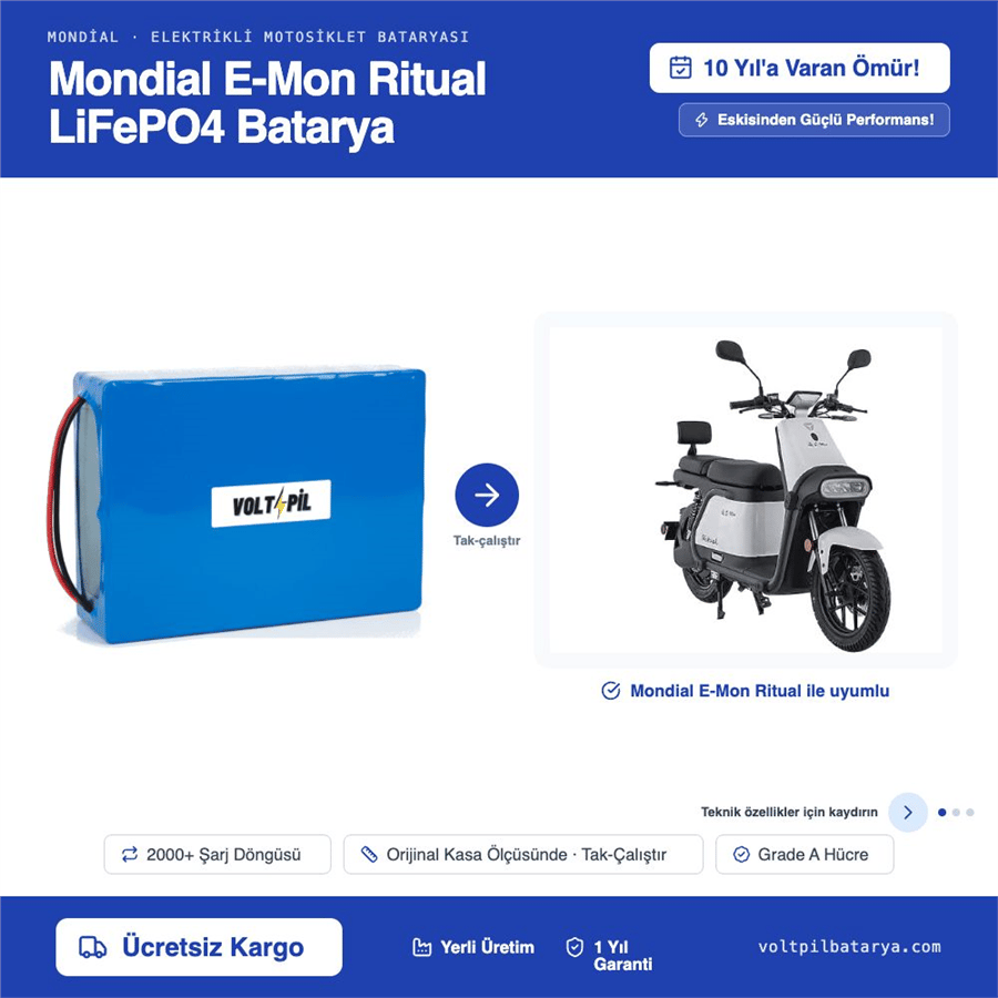 Mondial E-Mon Ritual Lityum Bluetoothlu LiFePO4 Bataya