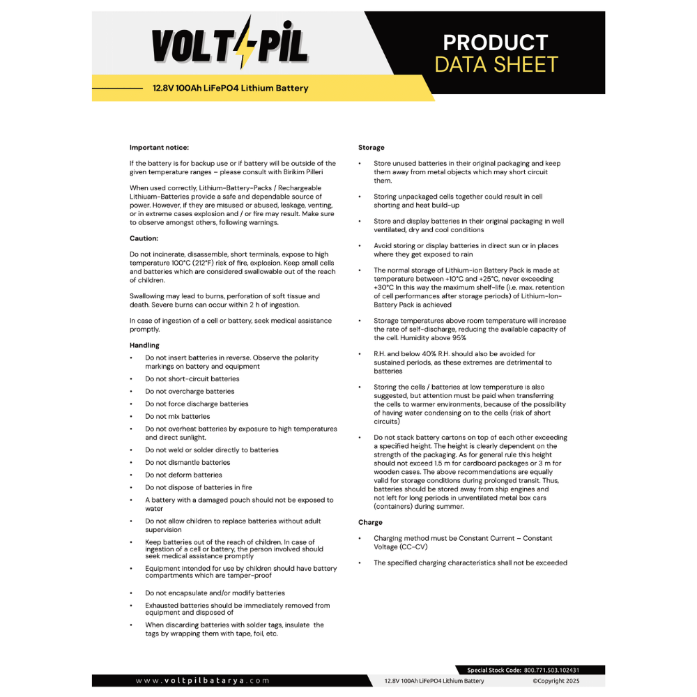 Voltpil 12.8V 100Ah LiFePO4 Akü