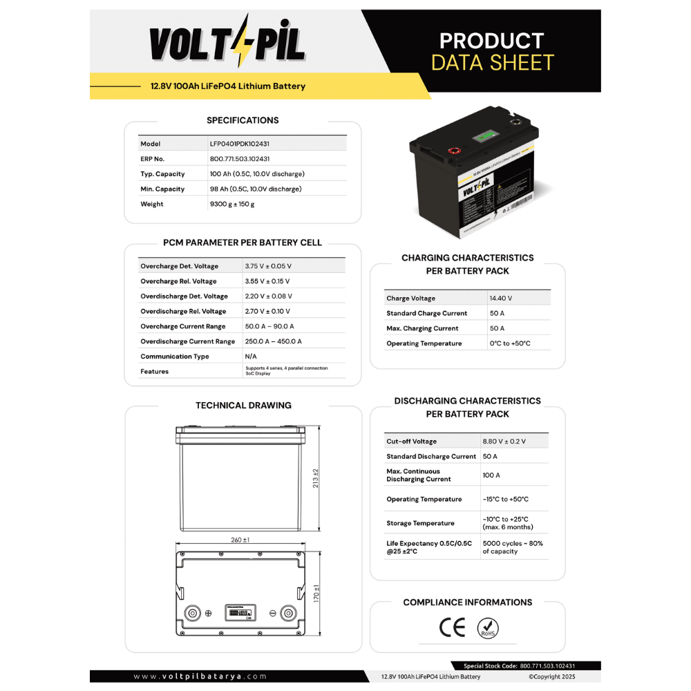 Voltpil 12.8V 100Ah LiFePO4 Akü