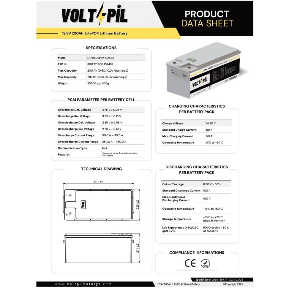 Voltpil 12.8V 200Ah LiFePO4 Akü