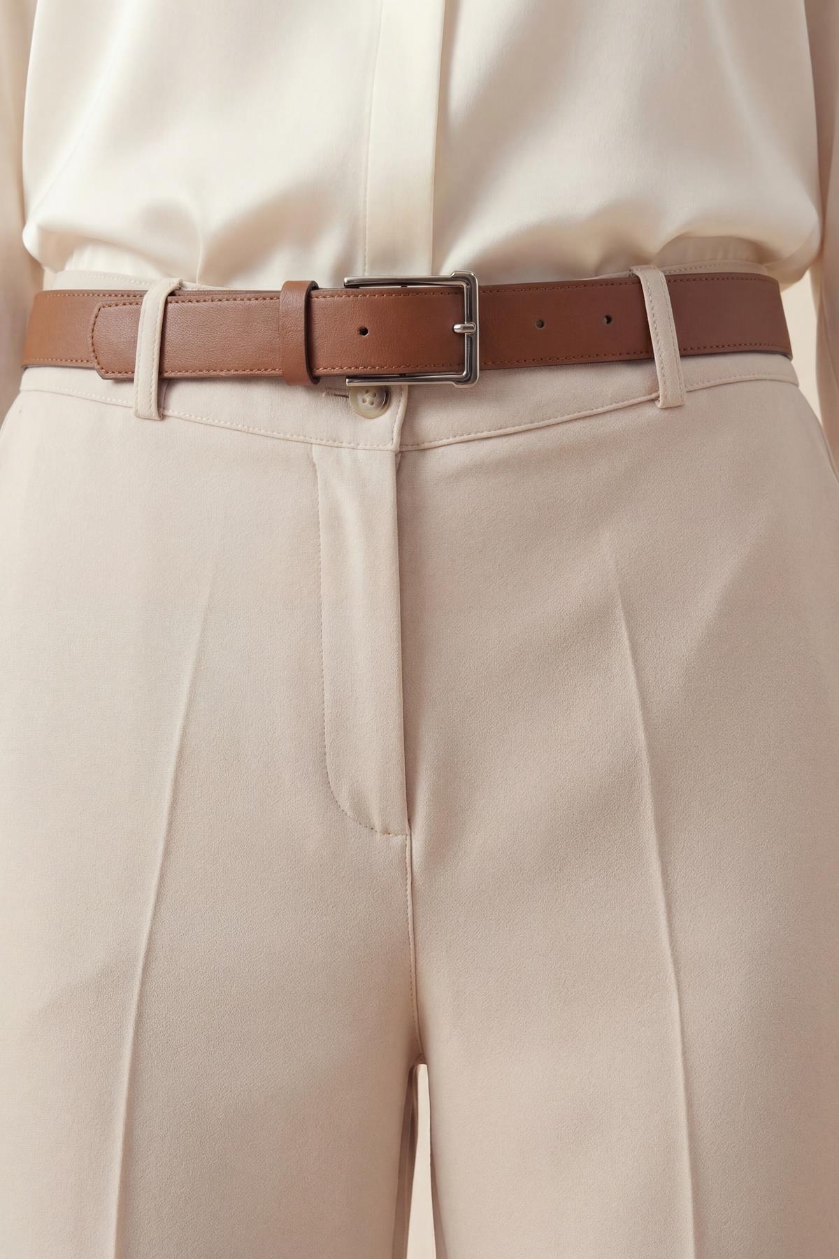 Tulin Kemerli Geniş Paça Pantolon TAŞ