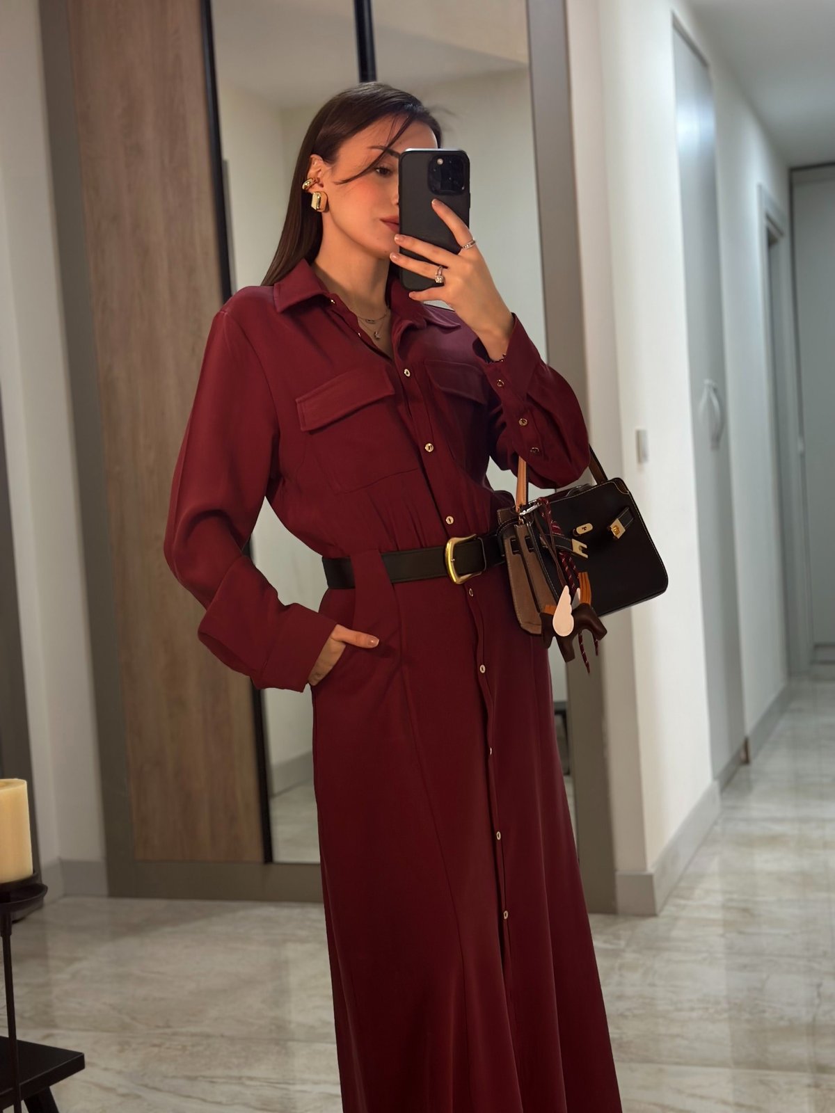 BORDO DERİ KEMERLİ GÖMLEK ELBİSE