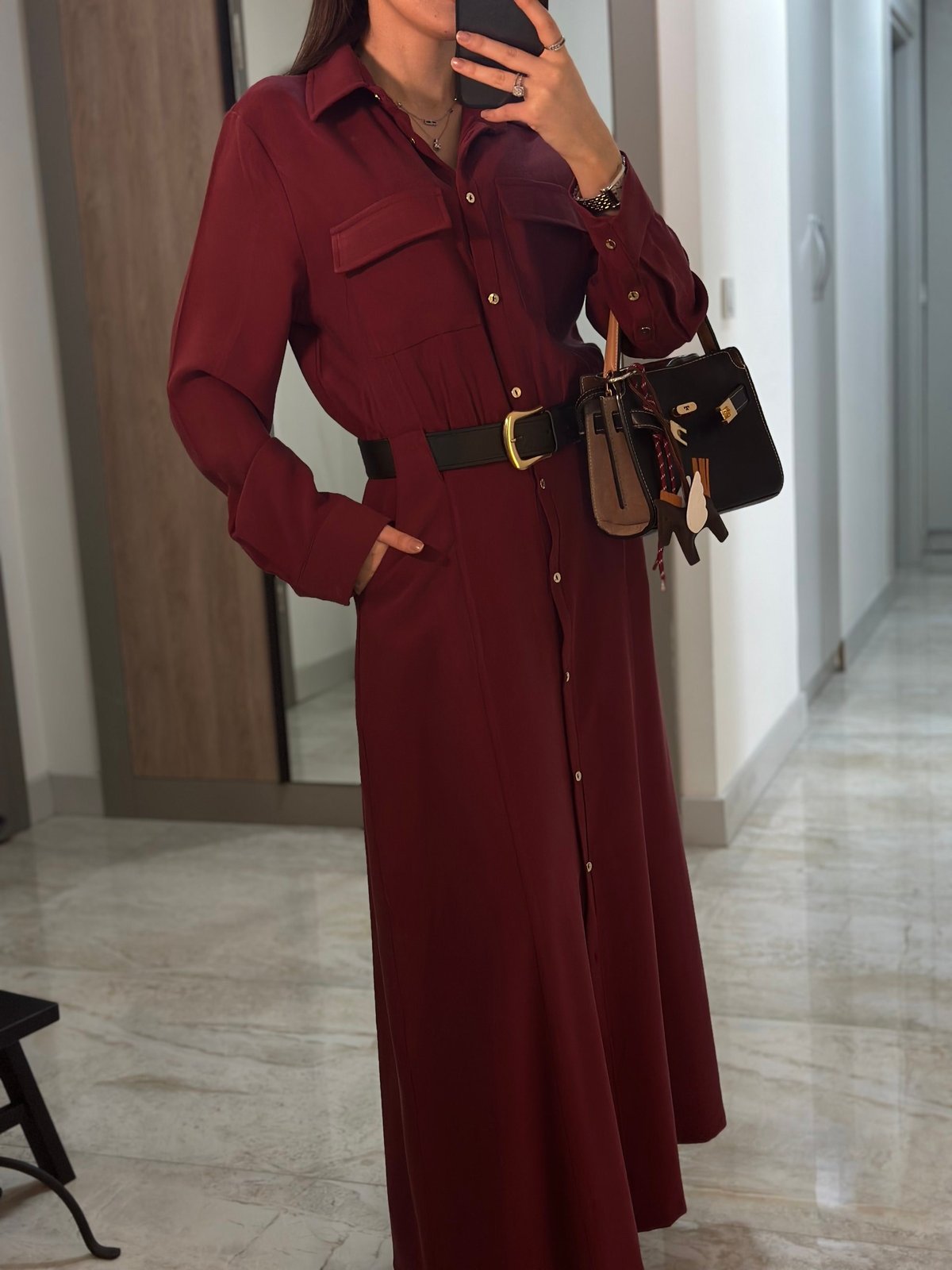 BORDO DERİ KEMERLİ GÖMLEK ELBİSE