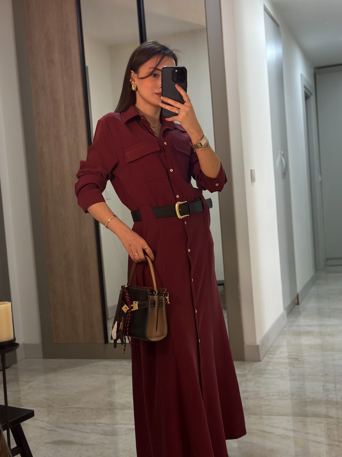 BORDO DERİ KEMERLİ GÖMLEK ELBİSE
