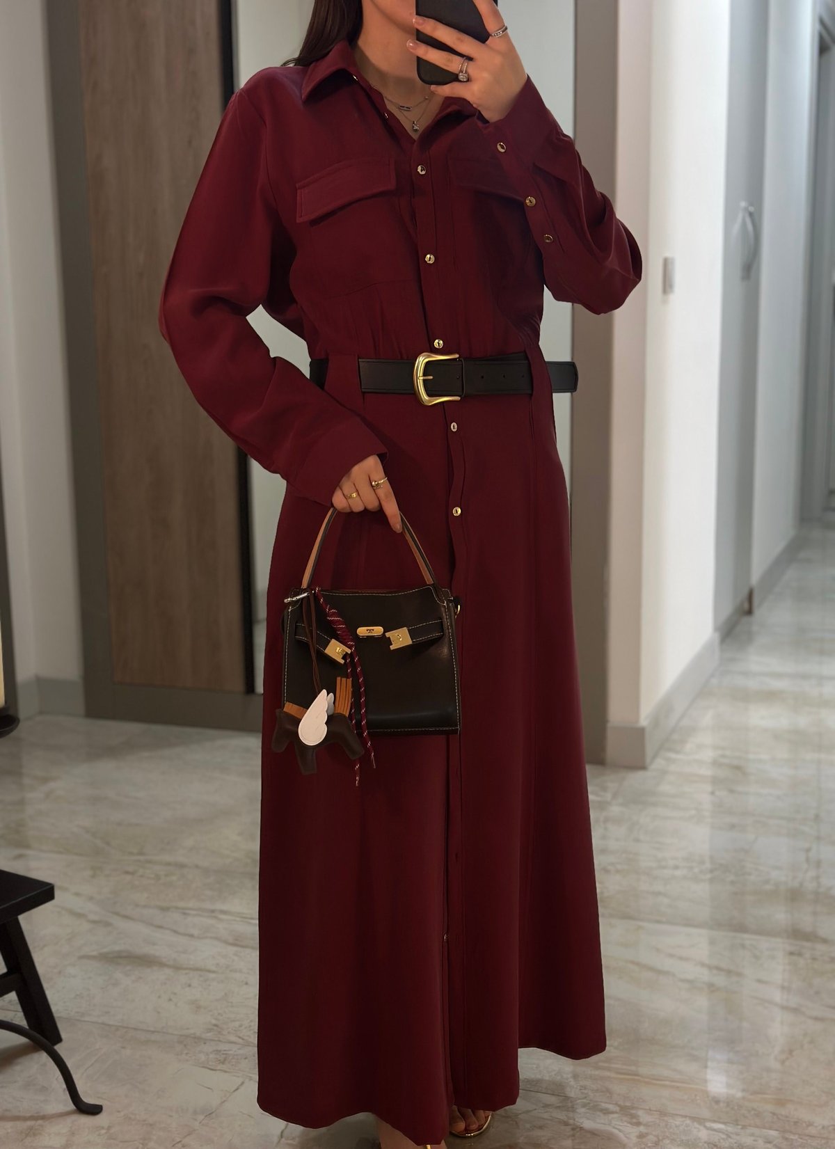 BORDO DERİ KEMERLİ GÖMLEK ELBİSE