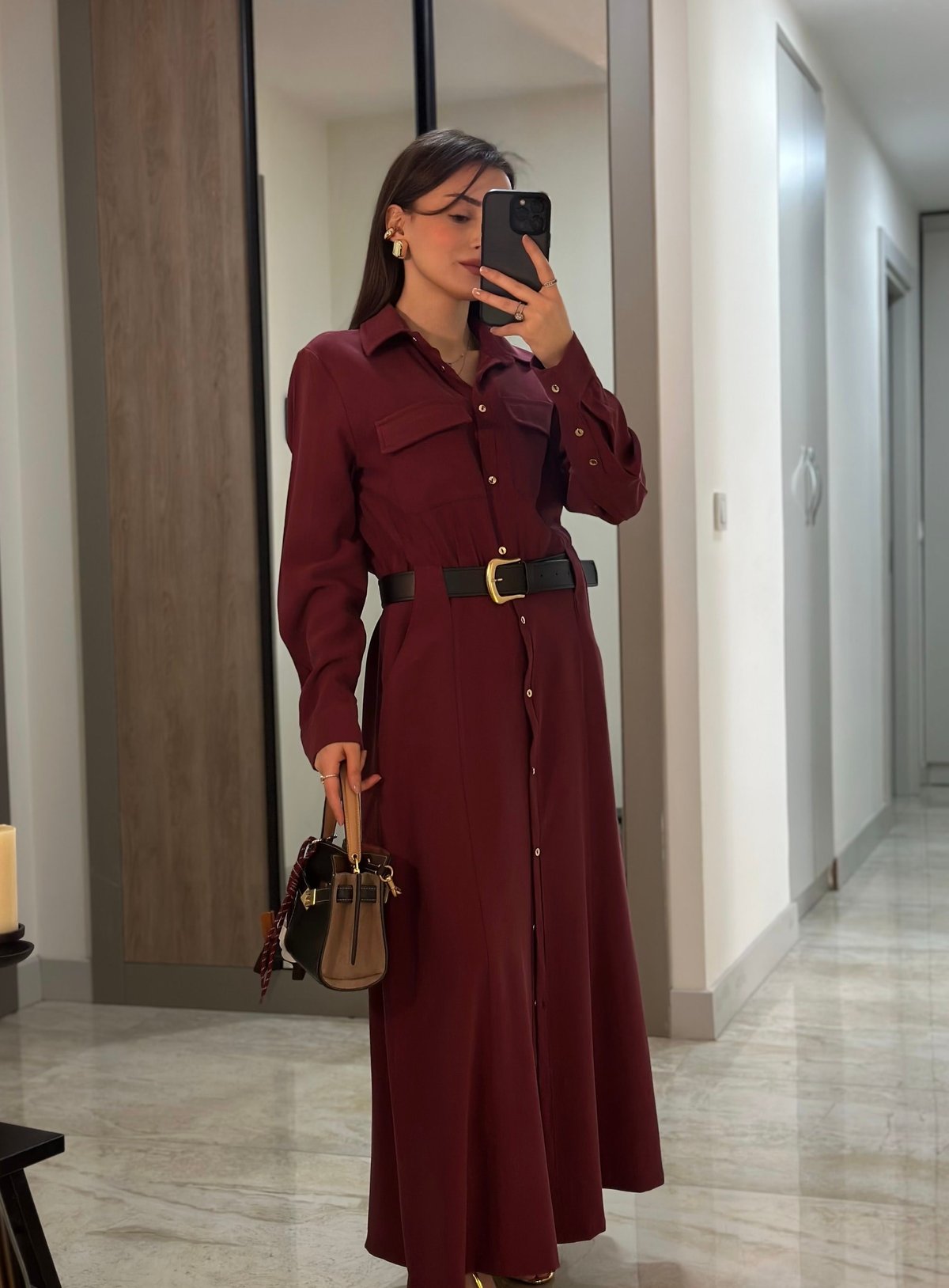BORDO DERİ KEMERLİ GÖMLEK ELBİSE