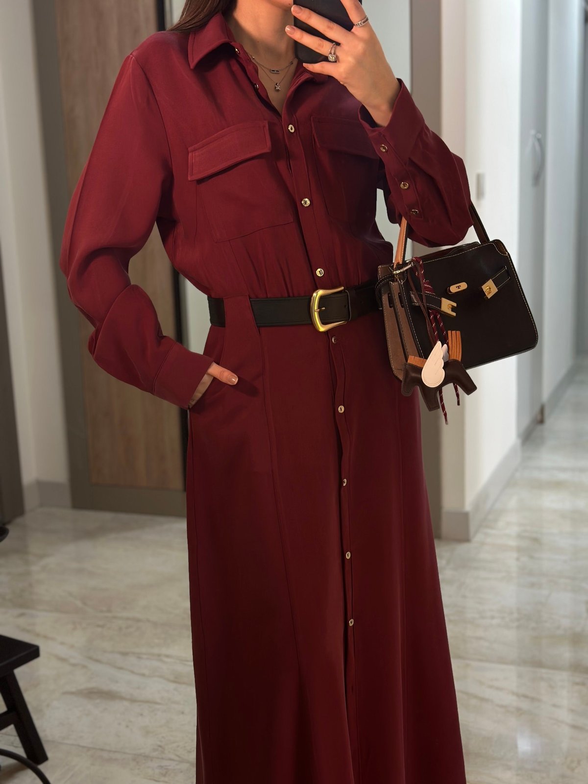 BORDO DERİ KEMERLİ GÖMLEK ELBİSE