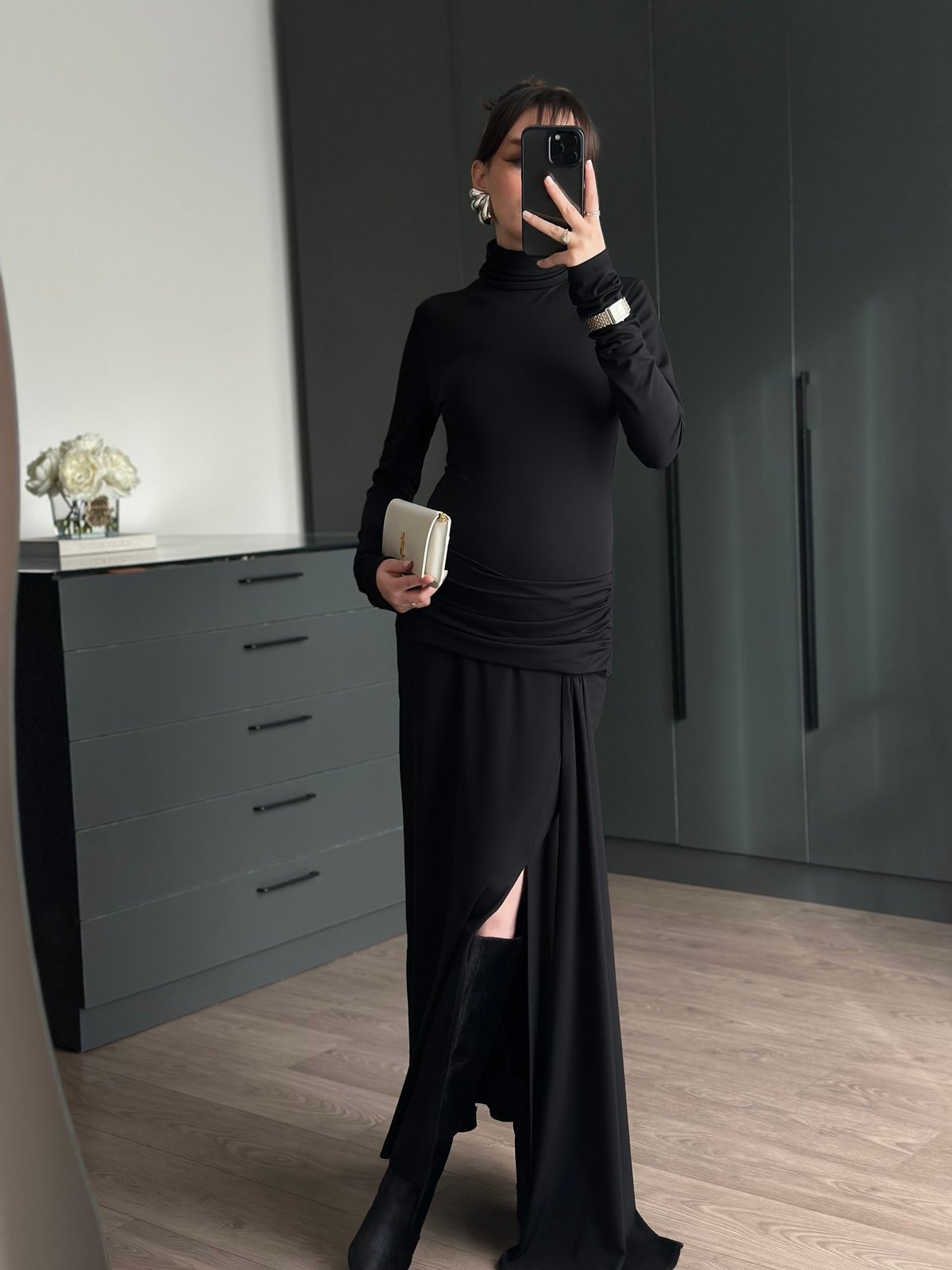 DRAPE BEL DETAYLI YIRTMAÇLI ELBİSE
