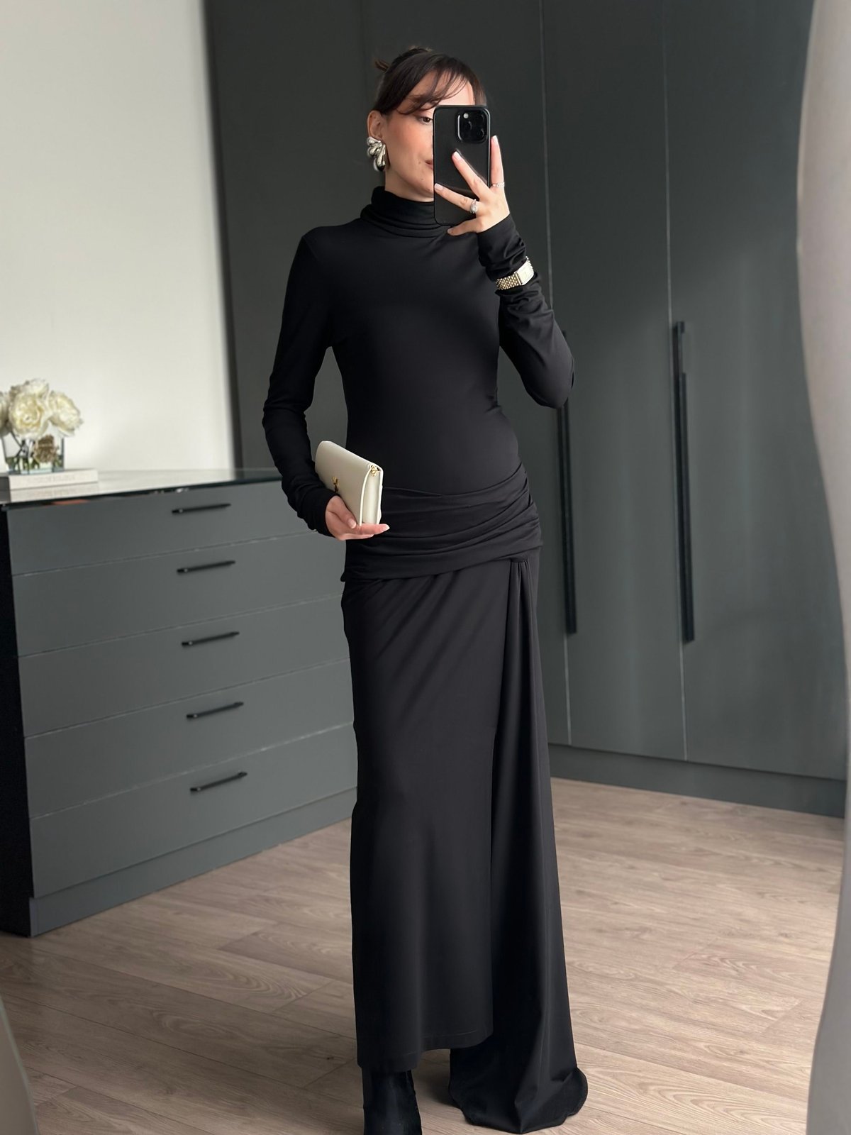 DRAPE BEL DETAYLI YIRTMAÇLI ELBİSE