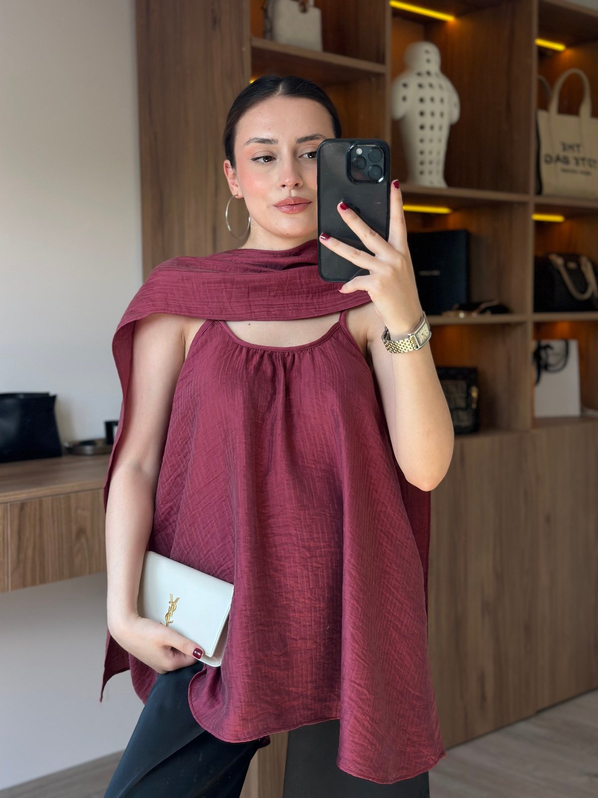 Lora Şal Detaylı Bluz - Bordo