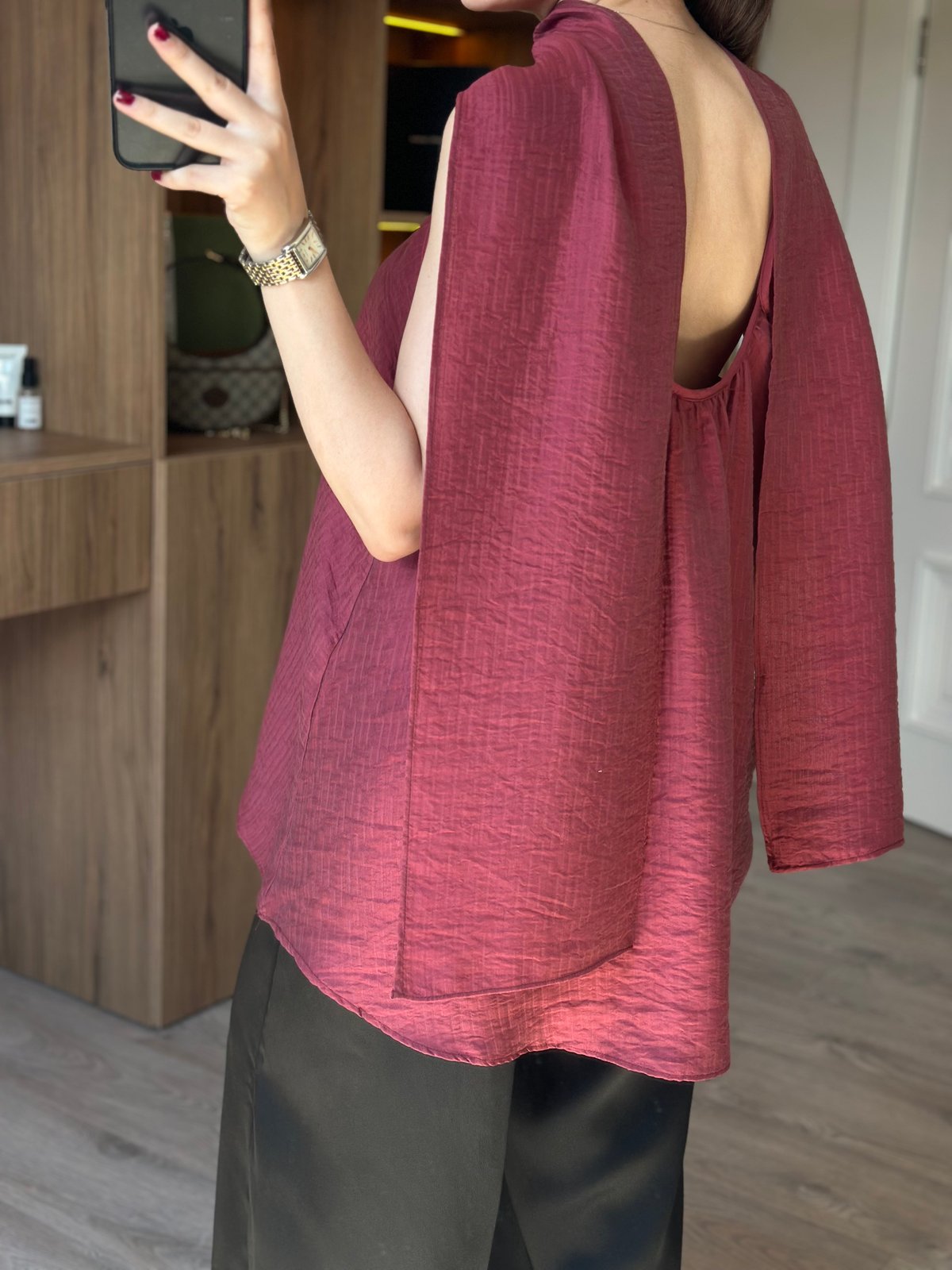 Lora Şal Detaylı Bluz - Bordo
