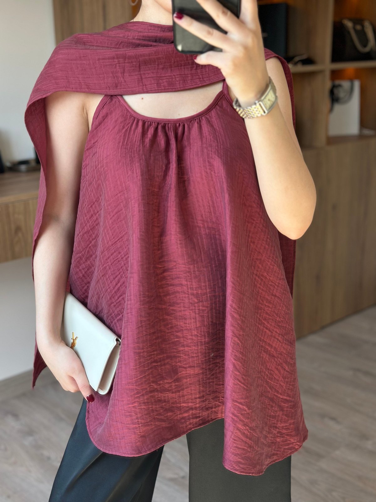 Lora Şal Detaylı Bluz - Bordo