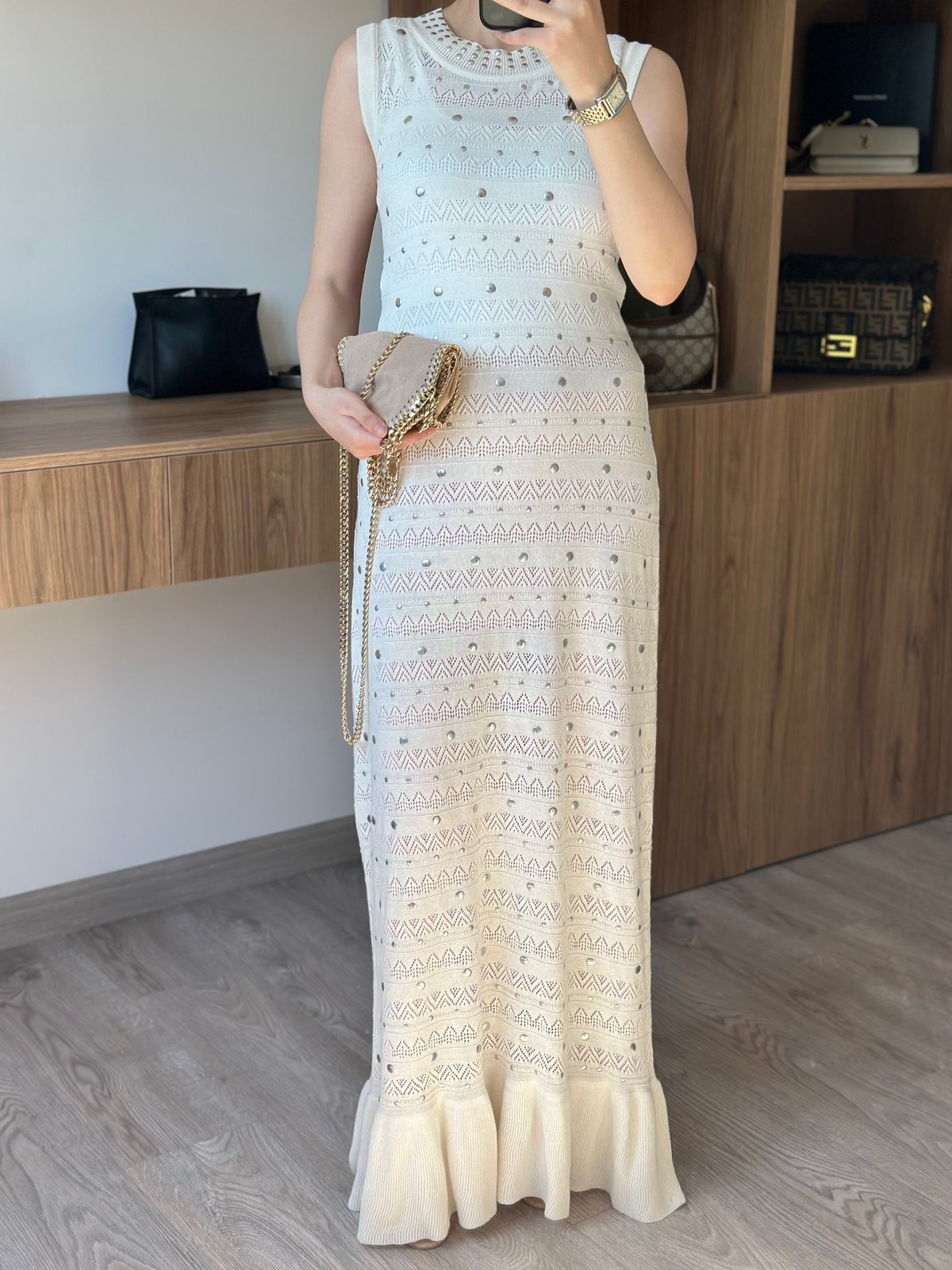 Luna Taş Detaylı Maxi Elbise - Ekru