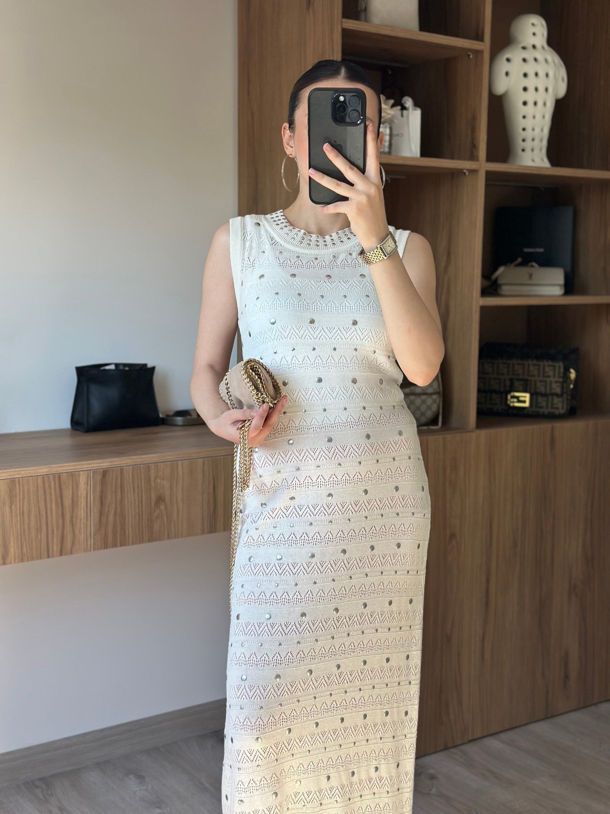 Luna Taş Detaylı Maxi Elbise - Ekru