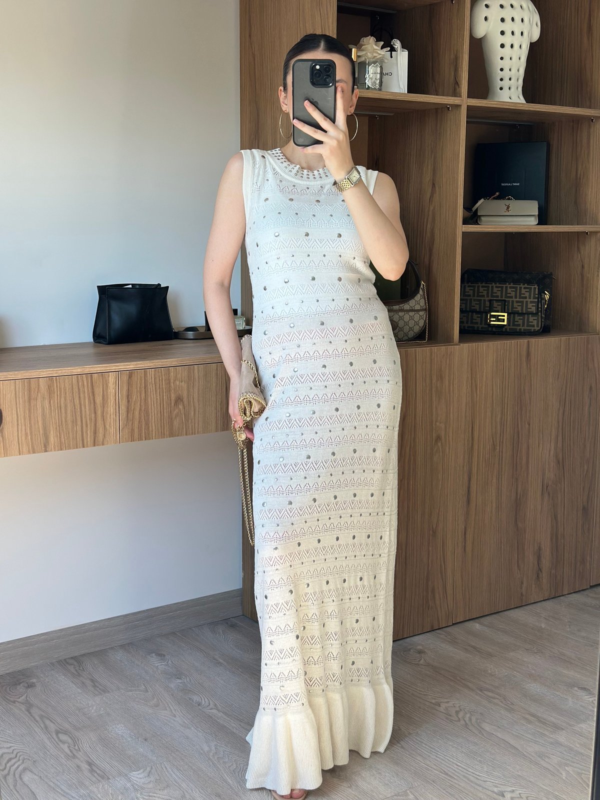 Luna Taş Detaylı Maxi Elbise - Ekru