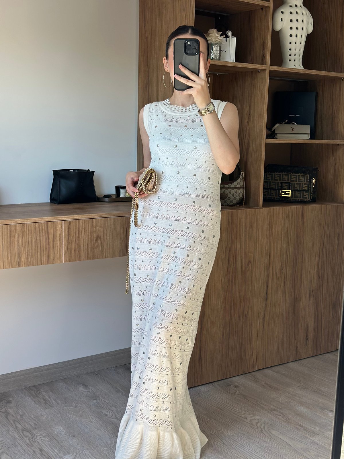 Luna Taş Detaylı Maxi Elbise - Ekru