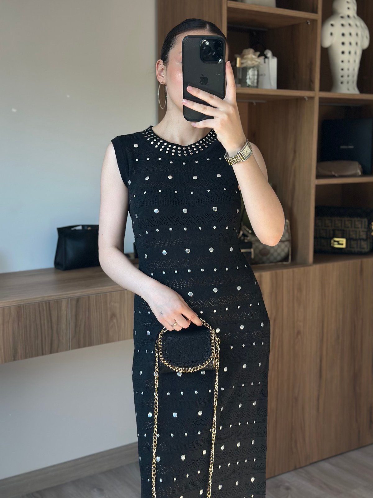 Luna Taş Detaylı Maxi Elbise - Siyah