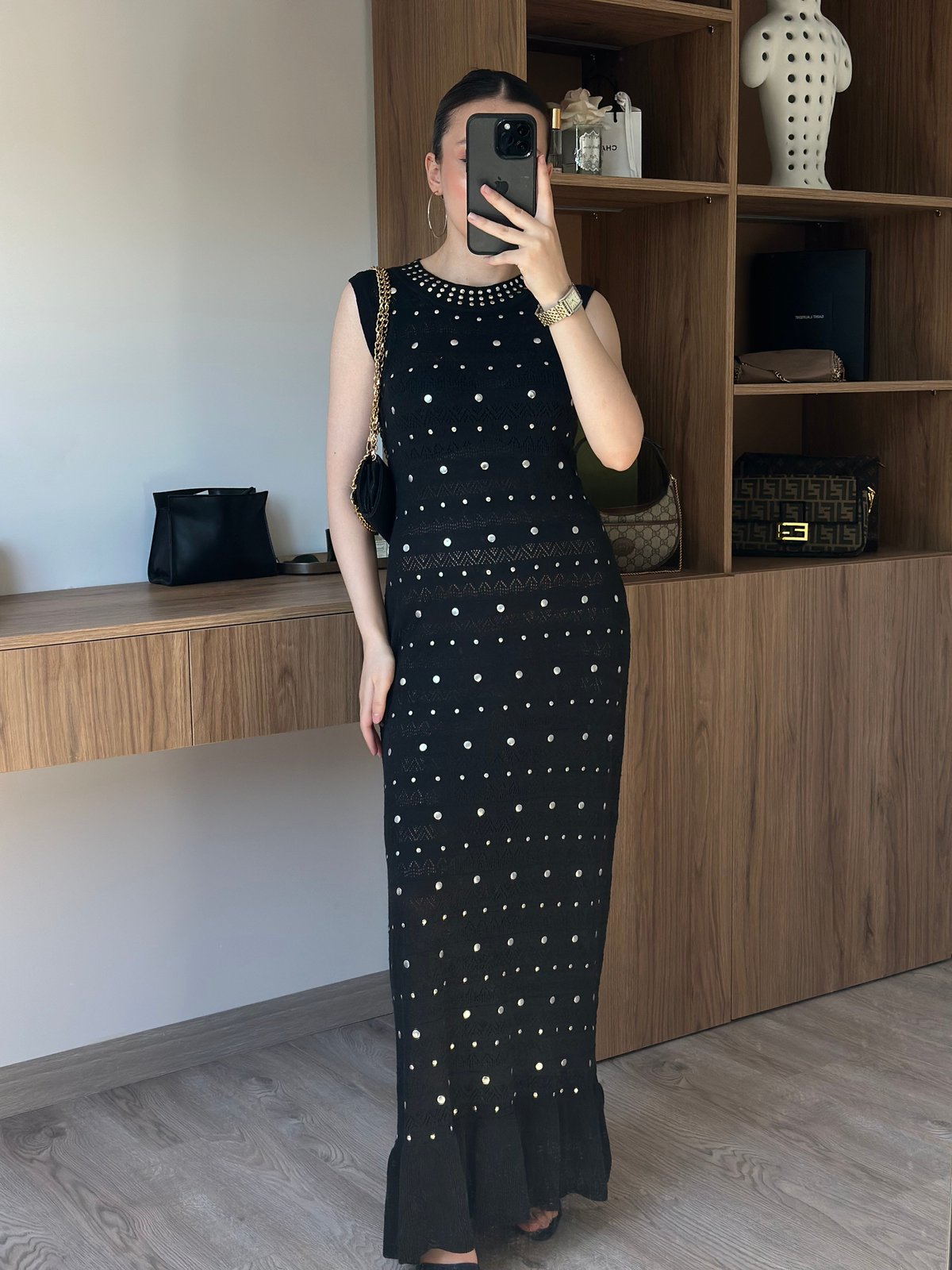 Luna Taş Detaylı Maxi Elbise - Siyah