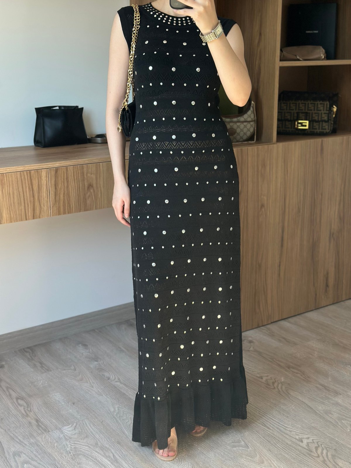 Luna Taş Detaylı Maxi Elbise - Siyah