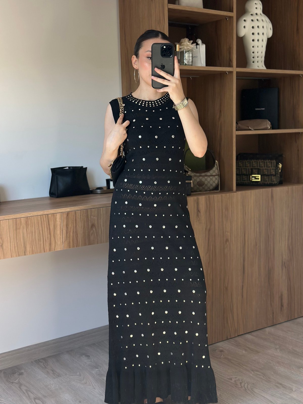 Luna Taş Detaylı Maxi Elbise - Siyah