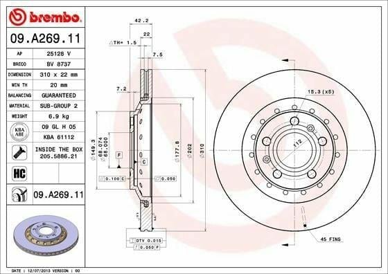 AudiAudi A8 03-10 Vw Phaeton 08-16 Fren Diski Arka Havalı 310 Mm  Brembo 09.A269.11BREMBO 09.A269.11