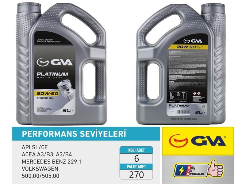 GVAMotor Yağı 20W50 3 Lt Platınum Mineral Apı Sl/CfGVA 9920523