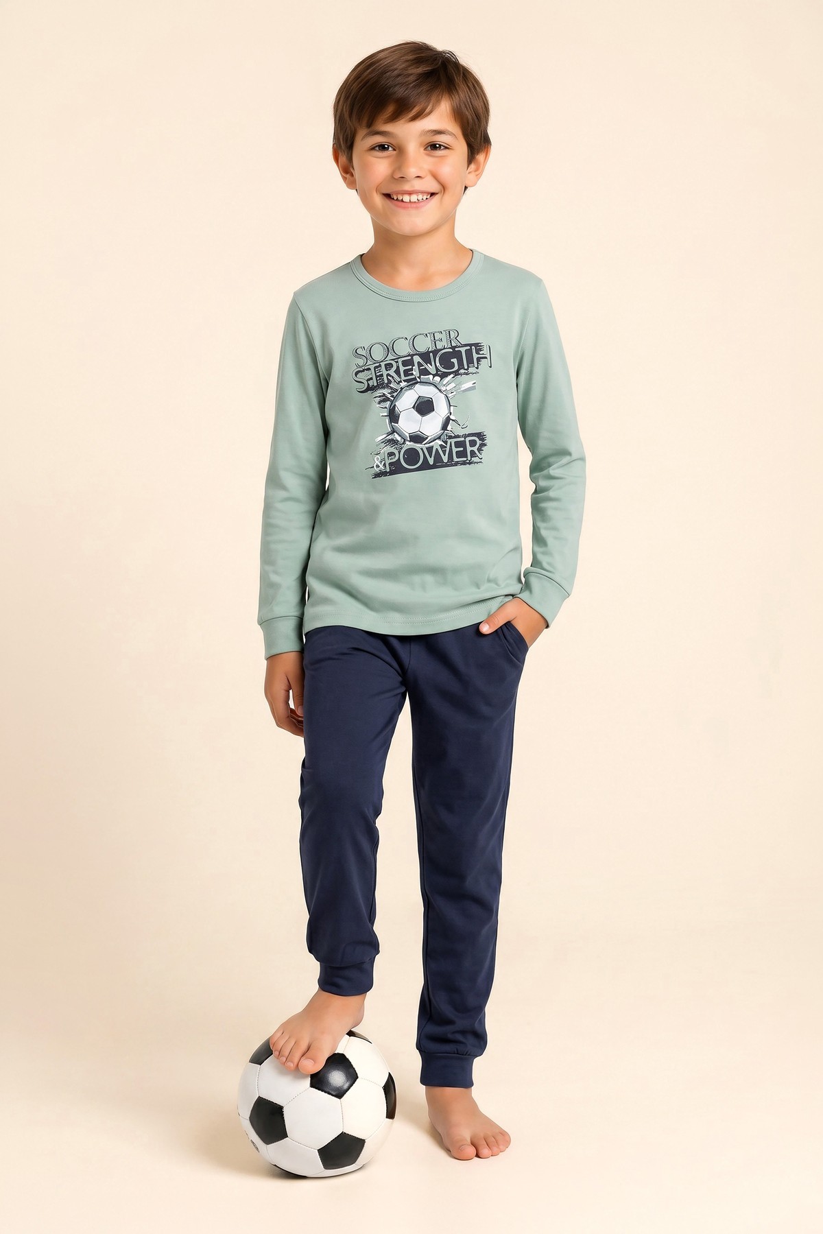 Erkek Çocuk Pamuklu Bisiklet Yaka Futbol Topu Baskılı Uzun Kollu Pijama Takımı 9669 Yeşil