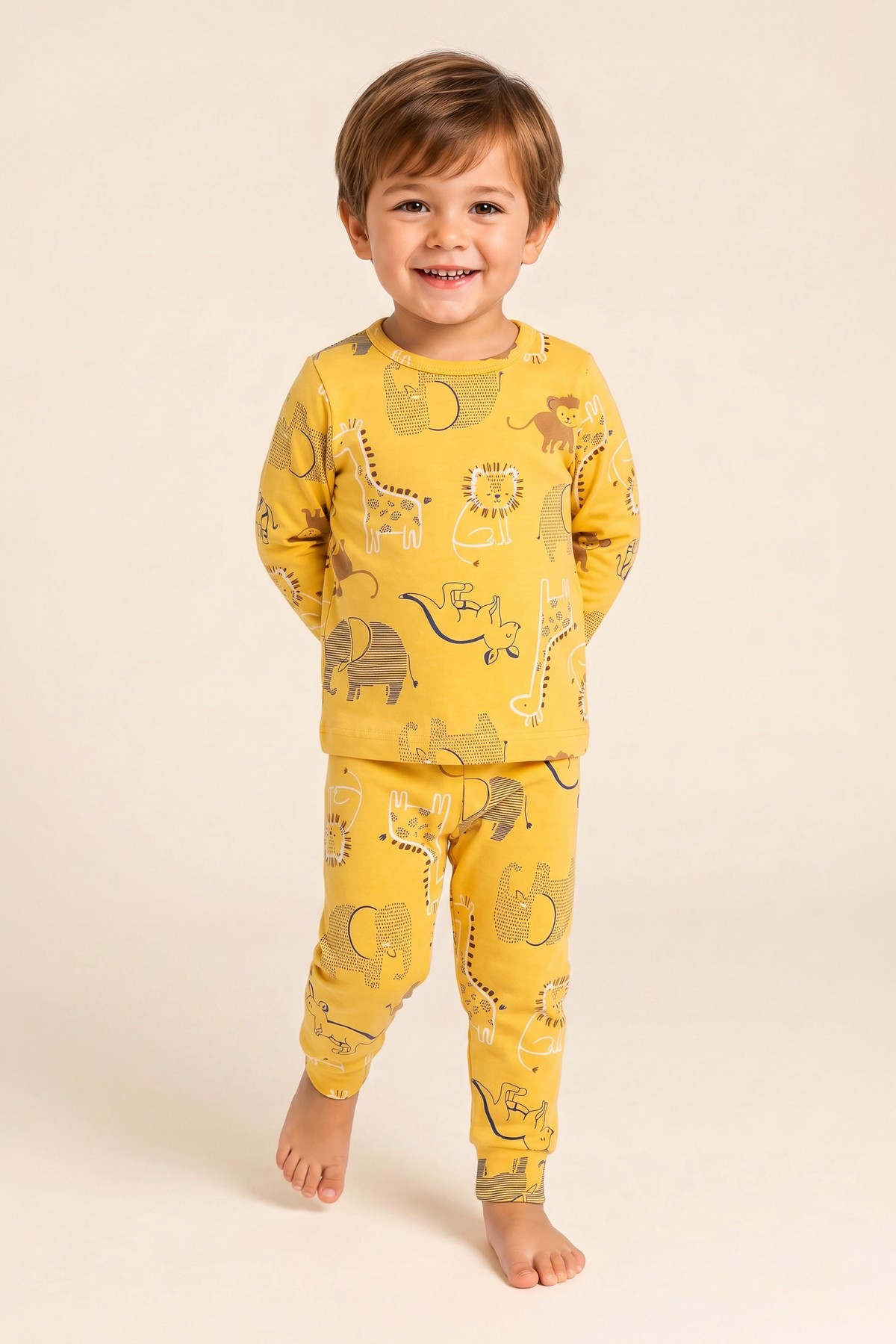 Erkek Çocuk Pamuklu Bisiklet Yaka Hayvan Figürleri Baskılı Uzun Kollu Pijama Takımı 9657 Sarı Sarı