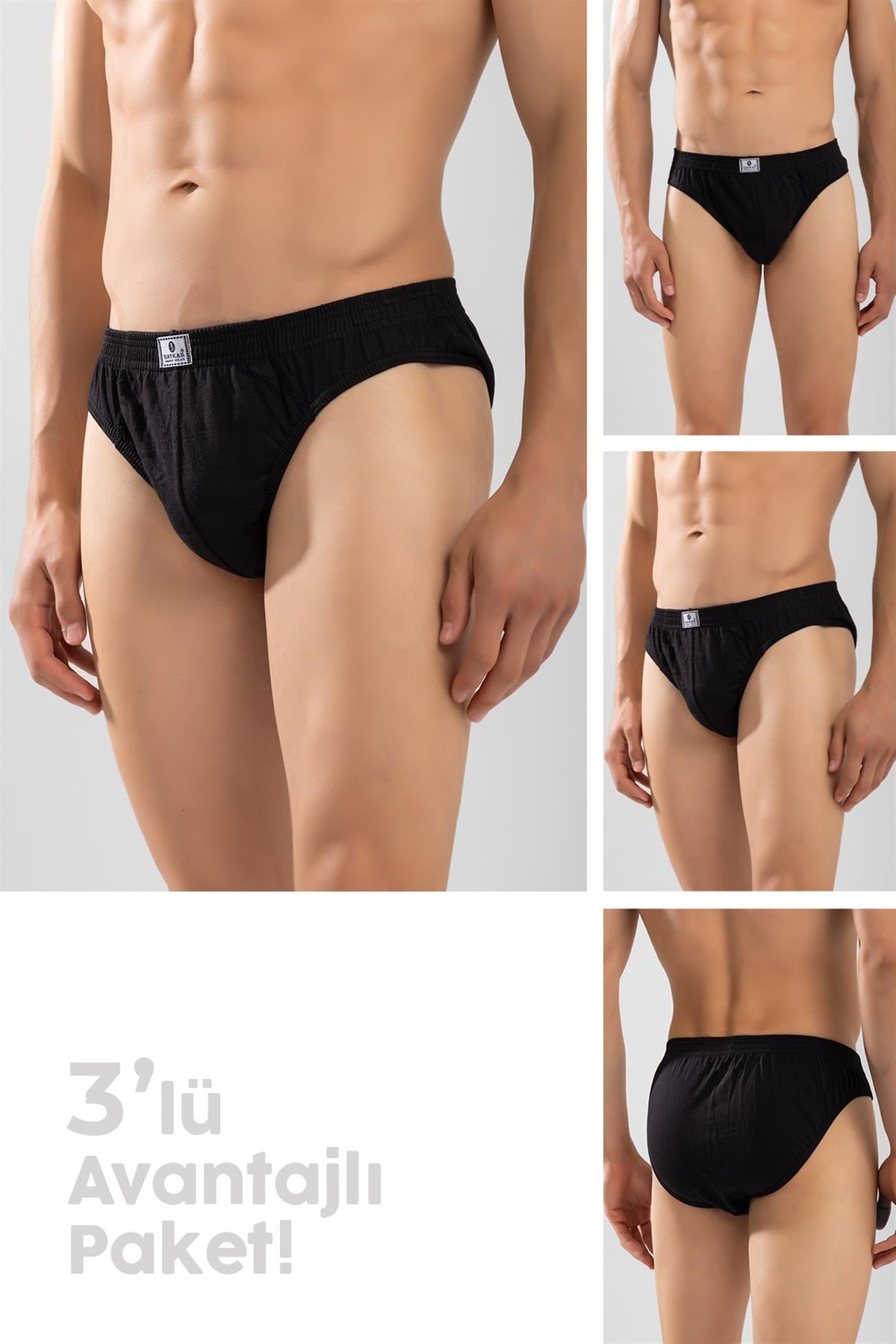 Erkek Pamuklu Beli Lastikli Düz Slip Külot 3'lü Paket Siyah
