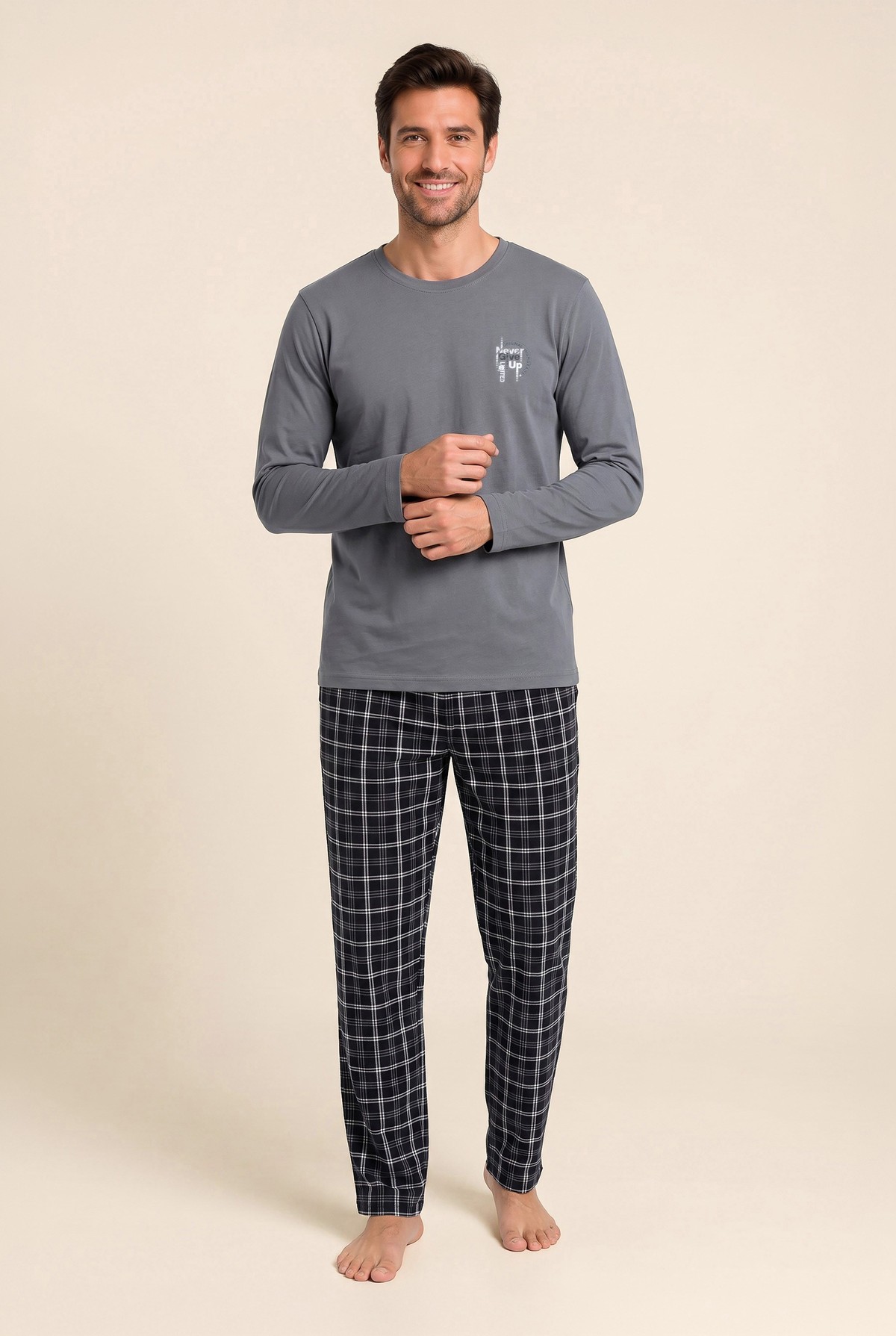 Erkek Pamuklu Bisiklet Yaka Baskılı Uzun Kollu Pijama Takımı 9814 Gri