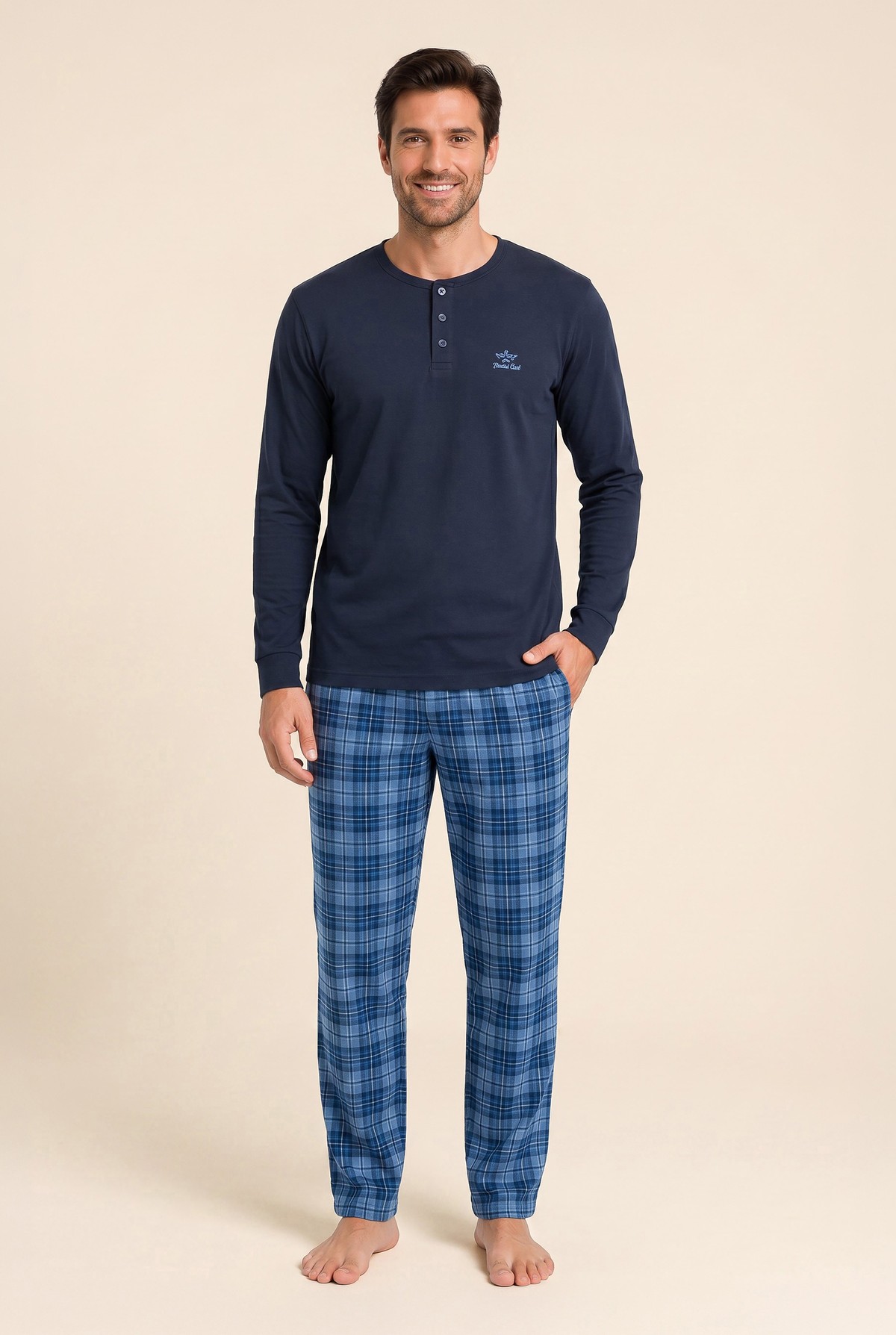 Erkek Pamuklu Bisiklet Yaka Uzun Kollu Pijama Takımı 9808 Lacivert
