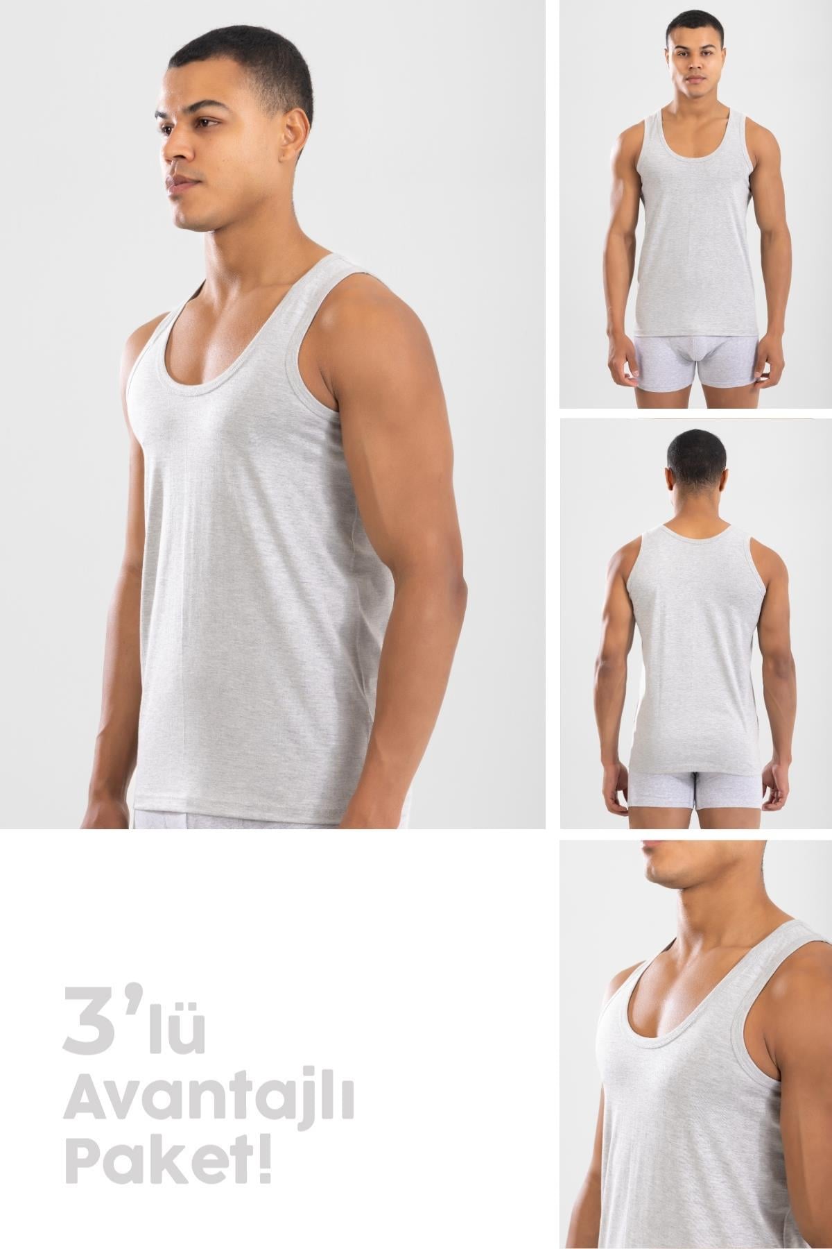 Erkek Pamuklu Klasik Regular Düz  Atlet 3'lü Paket Gri Melanj