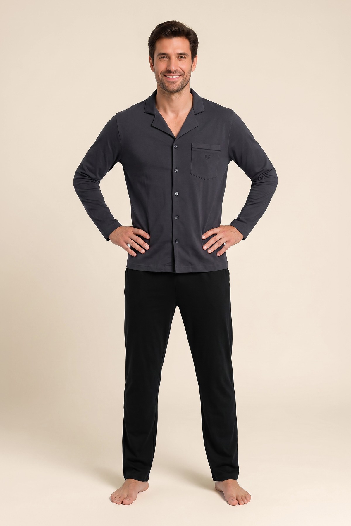 Erkek Pamuklu Polo Yaka Uzun Kollu Pijama Takımı 9813 Gri