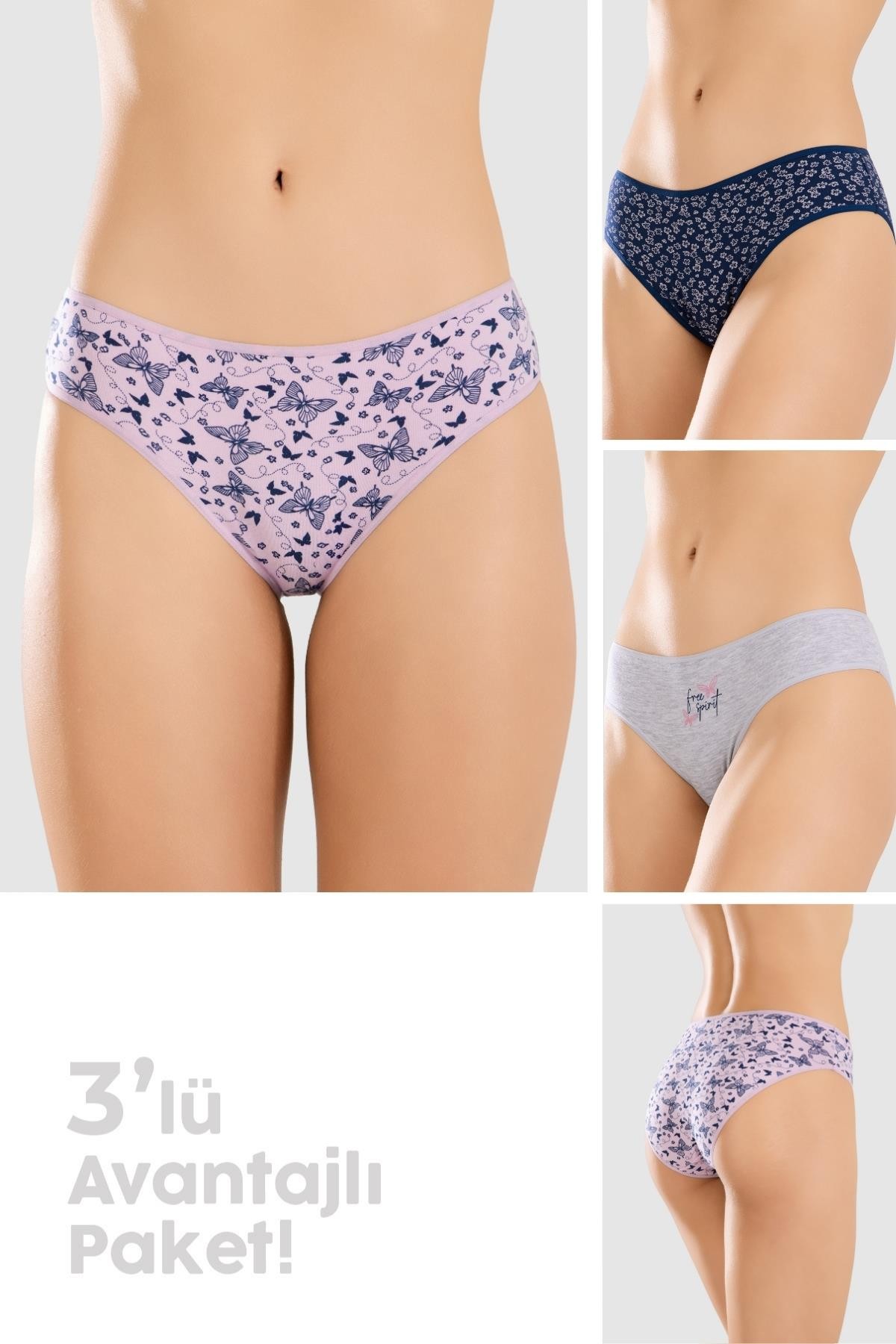 Kadın Bikini Kesim Renkli Pamuklu Külot 3'lü Paket 8414 RENKLİ