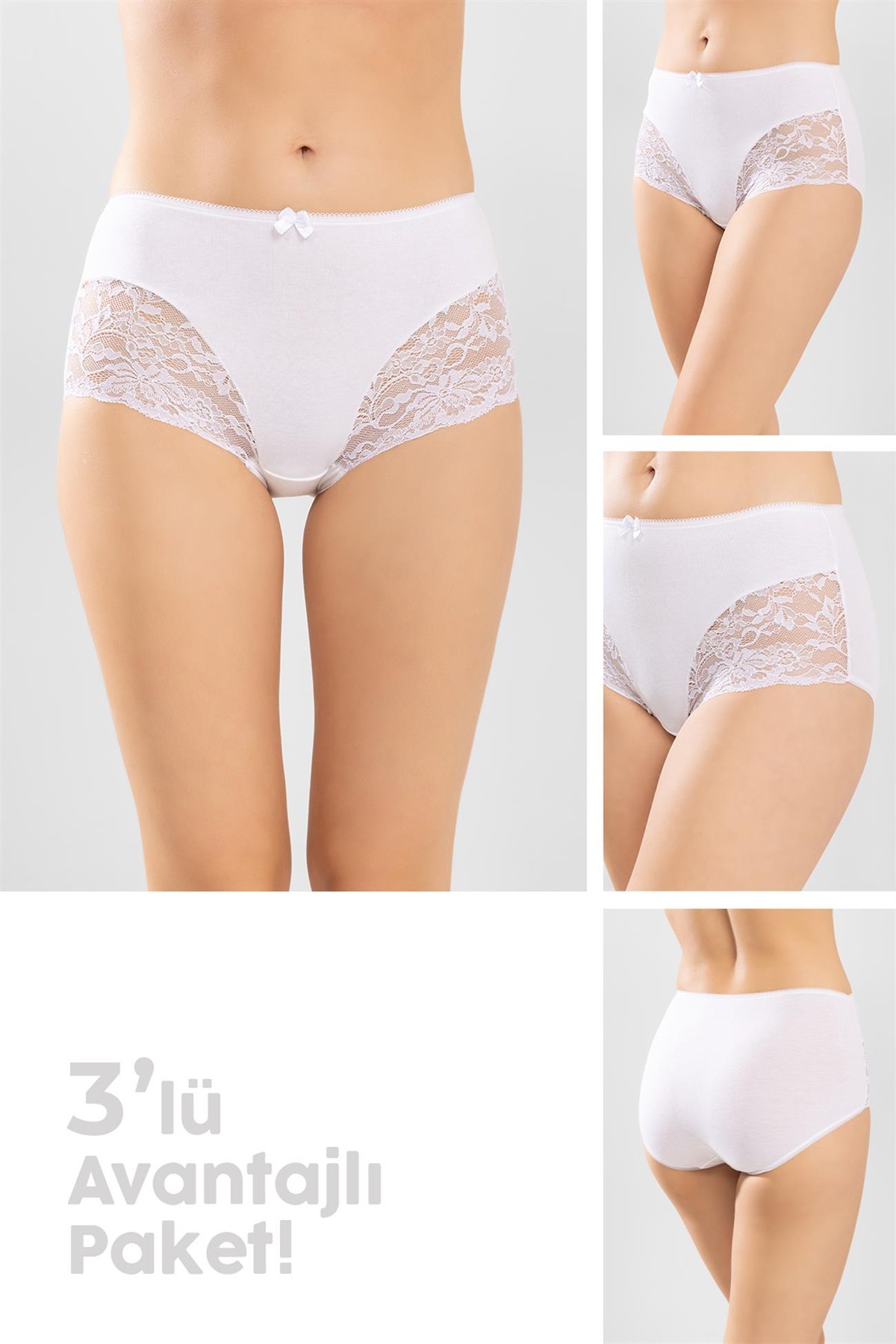 Kadın Klasik Pamuklu Yüksek Bel Güpürlü Bato Külot 3'lü Paket Beyaz